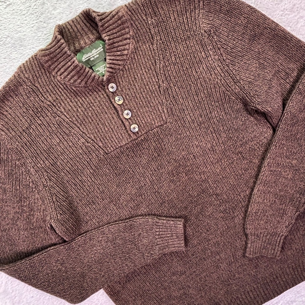 Eddie Bauer Mens Sweater S Brown Ribbed Cotton 4-Button Henley Heritage Rustic